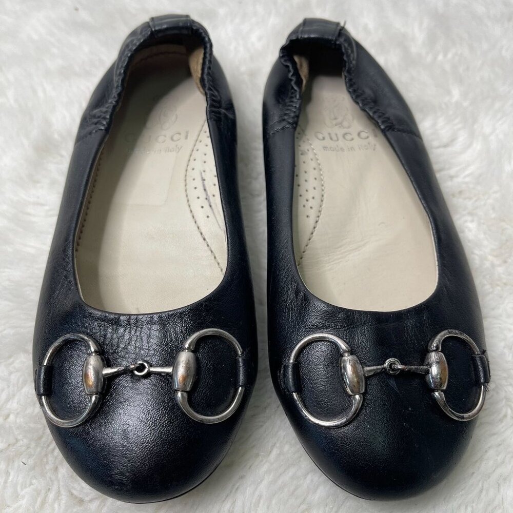 Gucci Kid's Girl's Black Leather Horsebit Ballet Flats Shoes Size 27
